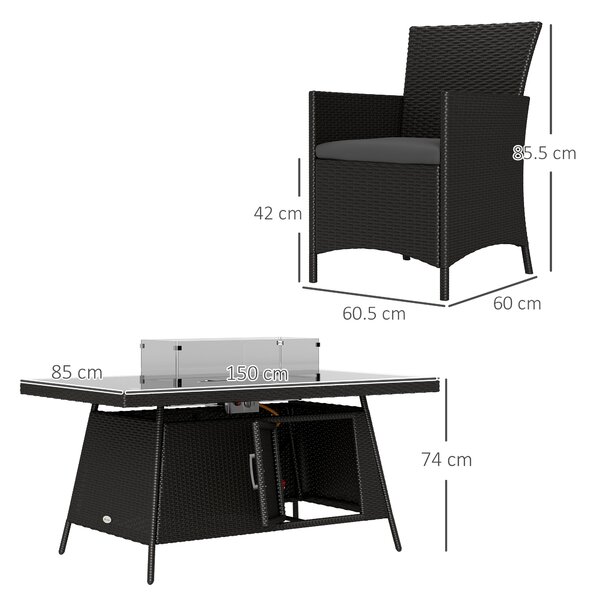 Outsunny 7 Pieces Outdoor Rattan Garden Furniture with Fire Pit Table, 6 Seater Garden Table and Chairs with Heater Table, Windscreen, Black