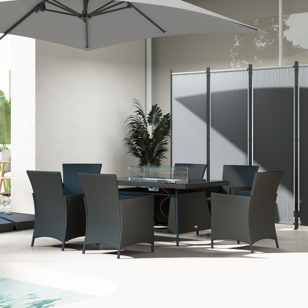 Outsunny 7 Pieces Outdoor Rattan Garden Furniture with Fire Pit Table, 6 Seater Garden Table and Chairs with Heater Table, Windscreen, Black