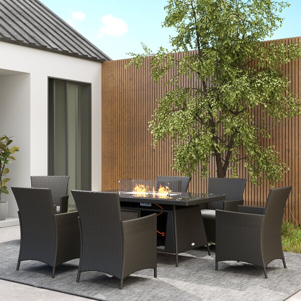 Outsunny 7 Pieces Outdoor Rattan Garden Furniture with Fire Pit Table, 6 Seater Garden Table and Chairs with Heater Table, Windscreen, Black