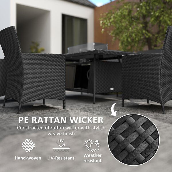 Outsunny 7 Pieces Outdoor Rattan Garden Furniture with Fire Pit Table, 6 Seater Garden Table and Chairs with Heater Table, Windscreen, Black