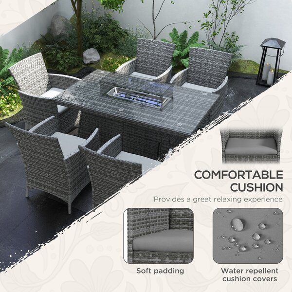 Outsunny 7 Pcs PE Rattan Dining Sets w/ Fire Pit Table, Garden Dining Set w/ Heater Table, Armchairs w/ Cushions, Glass Windscreen, 50,000 BTU, Grey