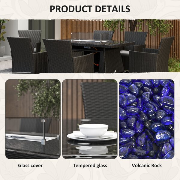 Outsunny 7 Pieces Outdoor Rattan Garden Furniture with Fire Pit Table, 6 Seater Garden Table and Chairs with Heater Table, Windscreen, Black