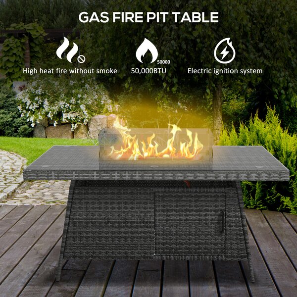 Outsunny 7 Pcs PE Rattan Dining Sets w/ Fire Pit Table, Garden Dining Set w/ Heater Table, Armchairs w/ Cushions, Glass Windscreen, 50,000 BTU, Grey