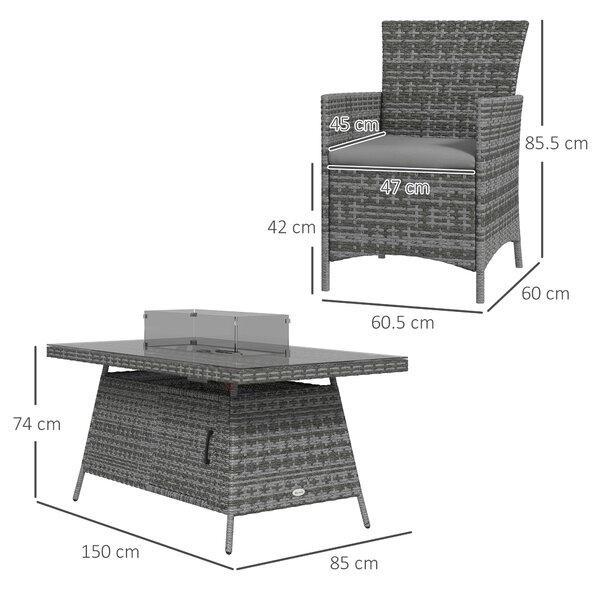 Outsunny 7 Pcs PE Rattan Dining Sets w/ Fire Pit Table, Garden Dining Set w/ Heater Table, Armchairs w/ Cushions, Glass Windscreen, 50,000 BTU, Grey
