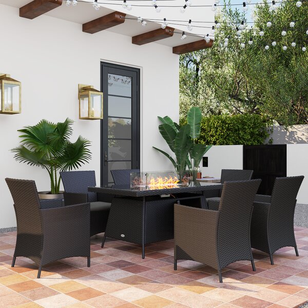 Outsunny 7 Pieces Outdoor Rattan Garden Furniture with Fire Pit Table, 6 Seater Garden Table and Chairs with Heater Table, Windscreen, Black