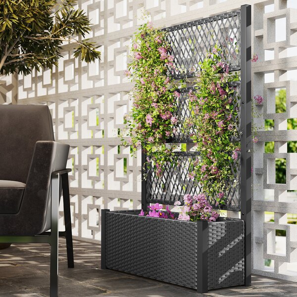 Outsunny Garden Planter Box with Trellis, Liner for Climbing Plants, Vegetables, Flowers, 90 x 35 x 148 cm, Charcoal Grey