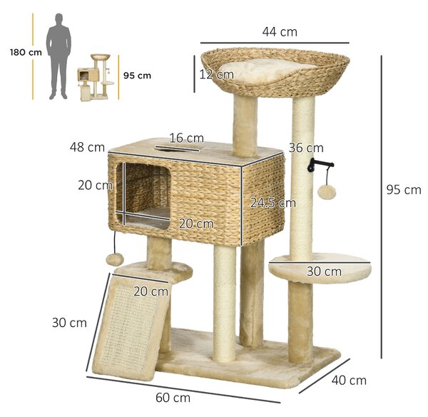 PawHut 95cm Cat Tree Tower for Indoor Cats, with Scratching Post, Cat House, Toy Ball, Platform - Beige