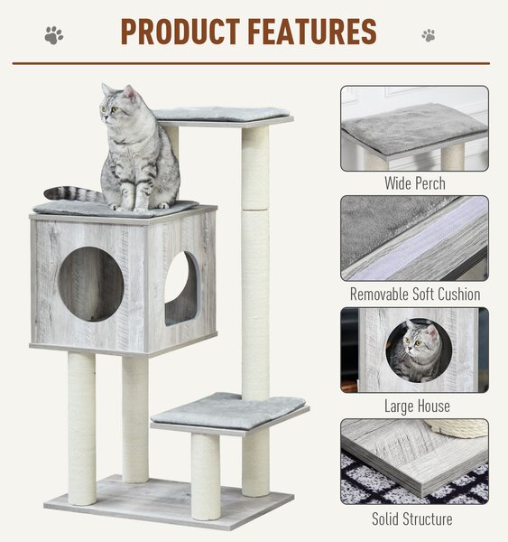 PawHut Multi-Level Cat Tree Tower Activity Center Climbing Stand Kitten House Furniture with Scratching Posts Condo Perch Plush Cushion Grey