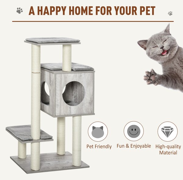 PawHut Multi-Level Cat Tree Tower Activity Center Climbing Stand Kitten House Furniture with Scratching Posts Condo Perch Plush Cushion Grey
