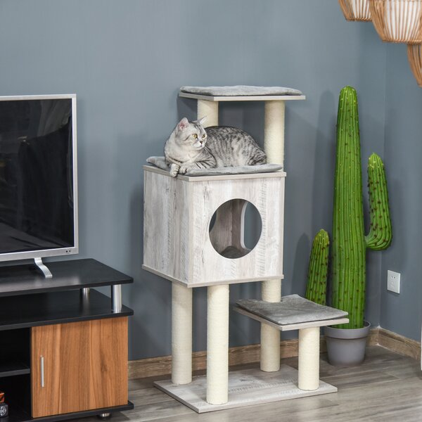 PawHut Multi-Level Cat Tree Tower Activity Center Climbing Stand Kitten House Furniture with Scratching Posts Condo Perch Plush Cushion Grey