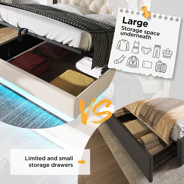 Upholstered Double Ottoman Bed with LED Light, USB Charging Port, Hydraulic Storage Bed Frame for Bedroom, 206L x 148W x 104H cm, White Aosom UK