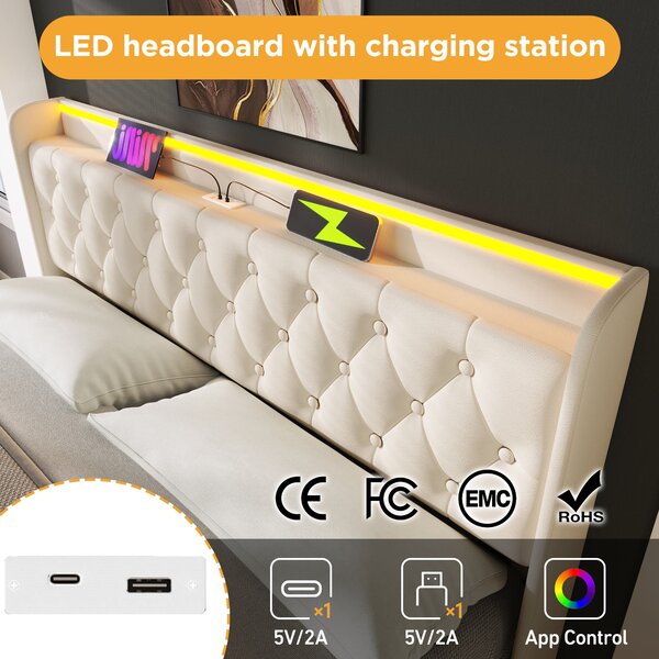 Upholstered Double Ottoman Bed with LED Light, USB Charging Port, Hydraulic Storage Bed Frame for Bedroom, 206L x 148W x 104H cm, White Aosom UK