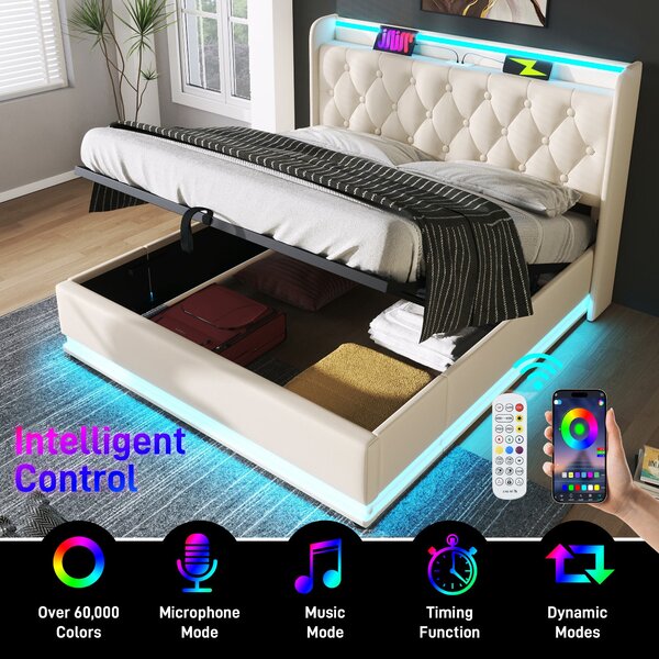 Upholstered Double Ottoman Bed with LED Light, USB Charging Port, Hydraulic Storage Bed Frame for Bedroom, 206L x 148W x 104H cm, White Aosom UK