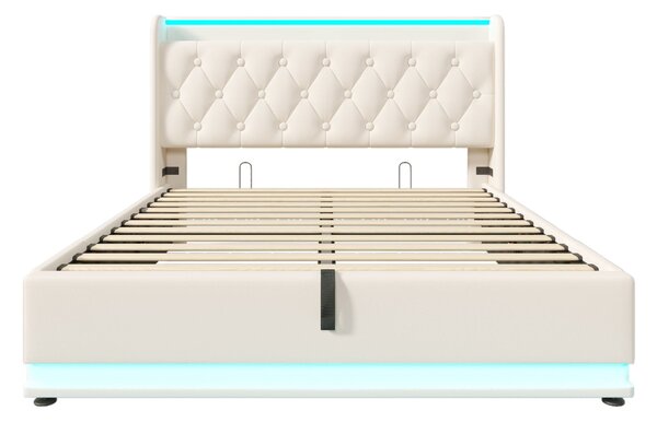 Upholstered Double Ottoman Bed with LED Light, USB Charging Port, Hydraulic Storage Bed Frame for Bedroom, 206L x 148W x 104H cm, White Aosom UK