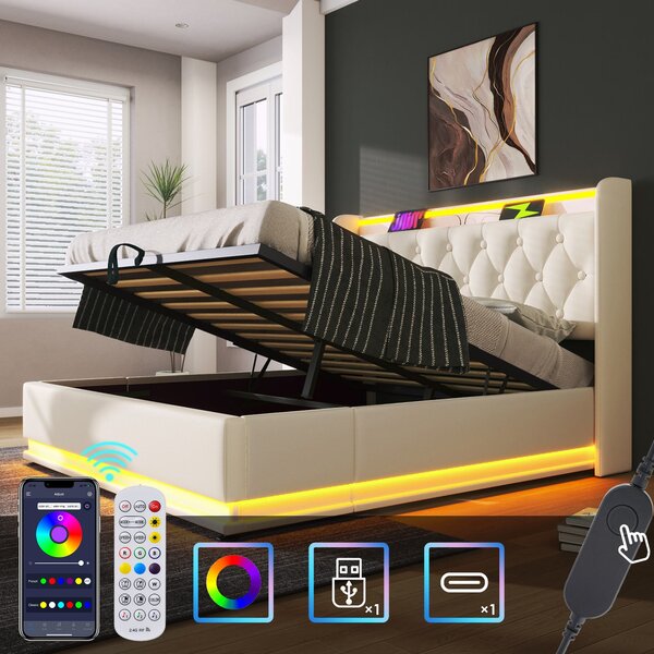 Upholstered Double Ottoman Bed with LED Light, USB Charging Port, Hydraulic Storage Bed Frame for Bedroom, 206L x 148W x 104H cm, White Aosom UK