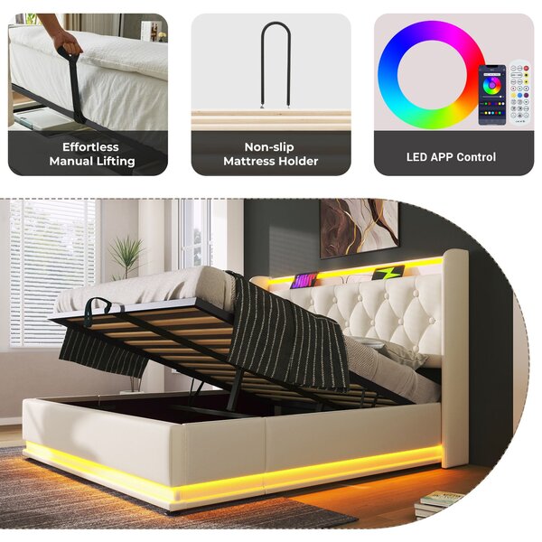Upholstered Double Ottoman Bed with LED Light, USB Charging Port, Hydraulic Storage Bed Frame for Bedroom, 206L x 148W x 104H cm, White Aosom UK