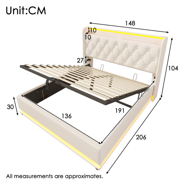 Upholstered Double Ottoman Bed with LED Light, USB Charging Port, Hydraulic Storage Bed Frame for Bedroom, 206L x 148W x 104H cm, White Aosom UK