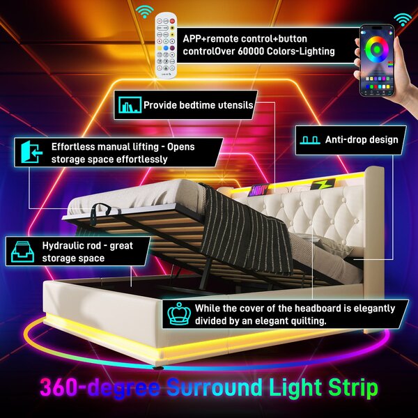 Upholstered Double Ottoman Bed with LED Light, USB Charging Port, Hydraulic Storage Bed Frame for Bedroom, 206L x 148W x 104H cm, White Aosom UK