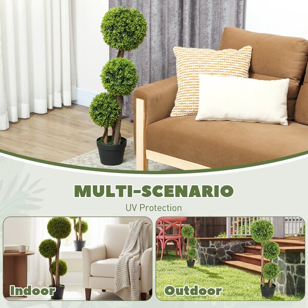 HOMCOM Decorative Artificial Trees Boxwood Ball Topiary Trees Set of 2 in Pot, Fake Plants for Home Indoor Outdoor Decor