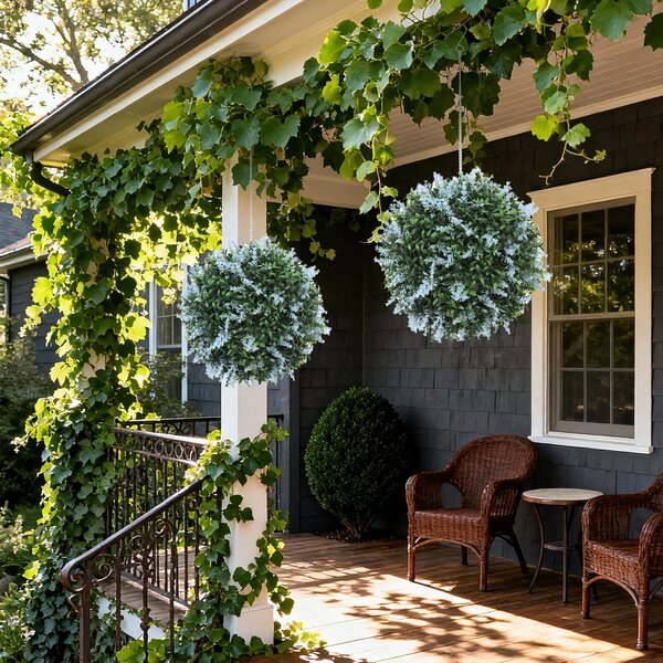 HOMCOM Set of 2 Artificial Plant Topiary Balls, UV-protected Fake Decorative Plants, Blue