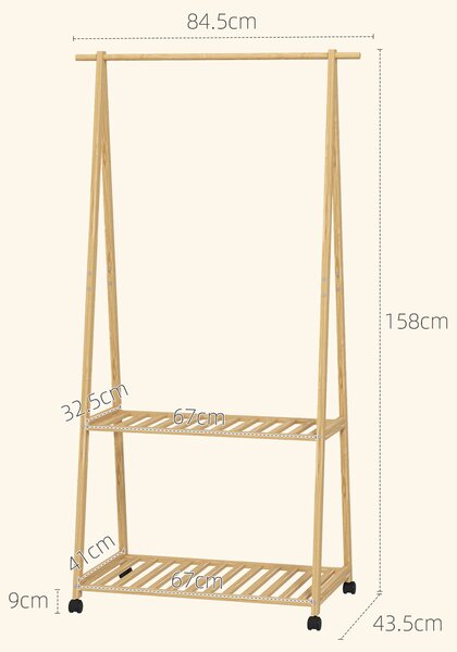 HOMCOM Bamboo Clothes Rack, with Shelves and Hooks - Natural Finish