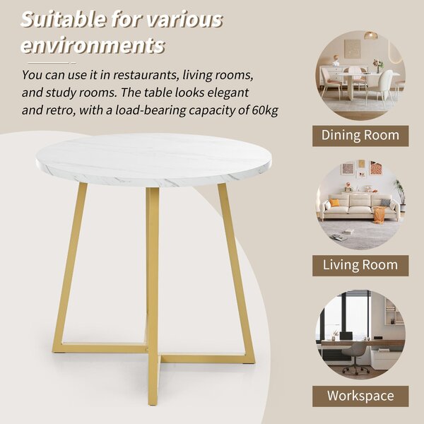 Modern Round Dining Table with Marble Pattern and Gold Metal Frame, Multi-Purpose Design for Apartments, 80L x 80W x 75H cm, Gold+White Aosom.UK