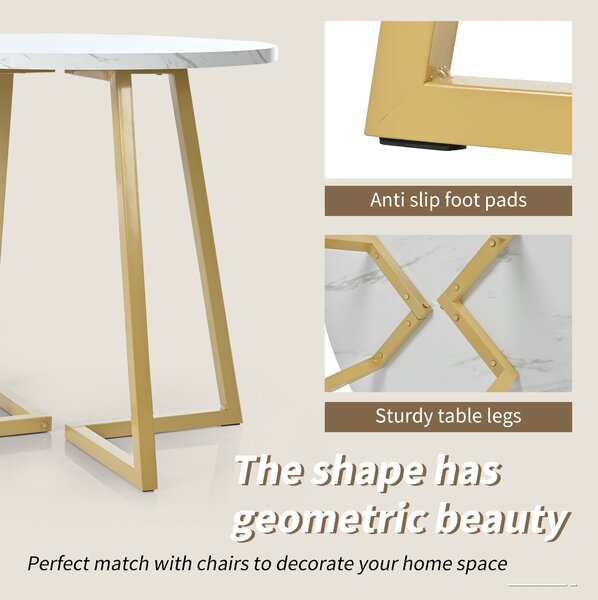 Modern Round Dining Table with Marble Pattern and Gold Metal Frame, Multi-Purpose Design for Apartments, 80L x 80W x 75H cm, Gold+White Aosom.UK