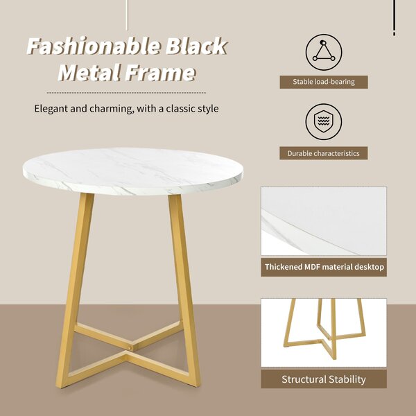 Modern Round Dining Table with Marble Pattern and Gold Metal Frame, Multi-Purpose Design for Apartments, 80L x 80W x 75H cm, Gold+White Aosom.UK