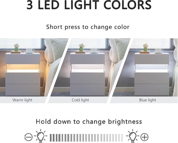 LED Bedside Table with Remote-Controlled RGB Lighting, 3 Drawers, Modern Nightstand with Acrylic Board, 50L x 37.5W x 60H cm, White Aosom.UK