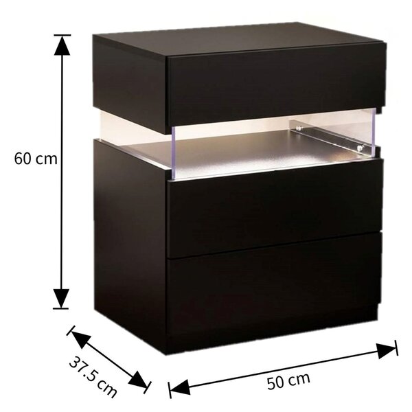 LED Bedside Table with Multi-Colour RGB Light, 3 Storage Drawers, Stylish Nightstand with Acrylic Board, 50L x 37.5W x 60H cm, Black Aosom.UK