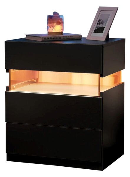 LED Bedside Table with Multi-Colour RGB Light, 3 Storage Drawers, Stylish Nightstand with Acrylic Board, 50L x 37.5W x 60H cm, Black Aosom.UK