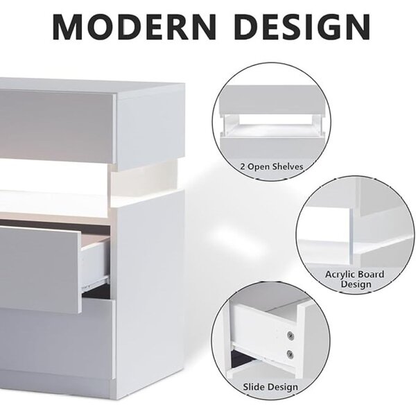 LED Bedside Table with Remote-Controlled RGB Lighting, 3 Drawers, Modern Nightstand with Acrylic Board, 50L x 37.5W x 60H cm, White Aosom.UK