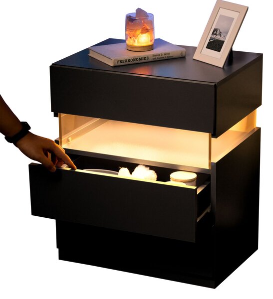 LED Bedside Table with Multi-Colour RGB Light, 3 Storage Drawers, Stylish Nightstand with Acrylic Board, 50L x 37.5W x 60H cm, Black Aosom.UK