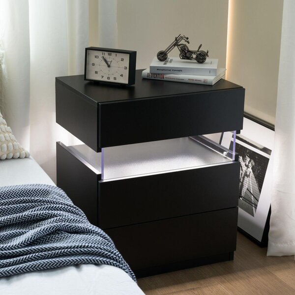 LED Bedside Table with Multi-Colour RGB Light, 3 Storage Drawers, Stylish Nightstand with Acrylic Board, 50L x 37.5W x 60H cm, Black Aosom.UK