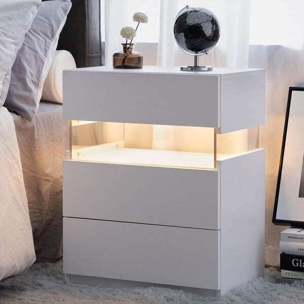 LED Bedside Table with Remote-Controlled RGB Lighting, 3 Drawers, Modern Nightstand with Acrylic Board, 50L x 37.5W x 60H cm, White Aosom.UK