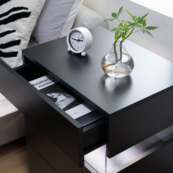 LED Bedside Table with Multi-Colour RGB Light, 3 Storage Drawers, Stylish Nightstand with Acrylic Board, 50L x 37.5W x 60H cm, Black Aosom.UK
