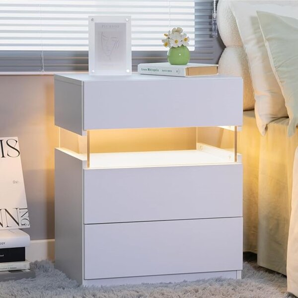 LED Bedside Table with Remote-Controlled RGB Lighting, 3 Drawers, Modern Nightstand with Acrylic Board, 50L x 37.5W x 60H cm, White Aosom.UK