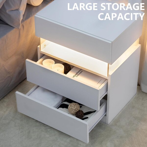 LED Bedside Table with Remote-Controlled RGB Lighting, 3 Drawers, Modern Nightstand with Acrylic Board, 50L x 37.5W x 60H cm, White Aosom.UK