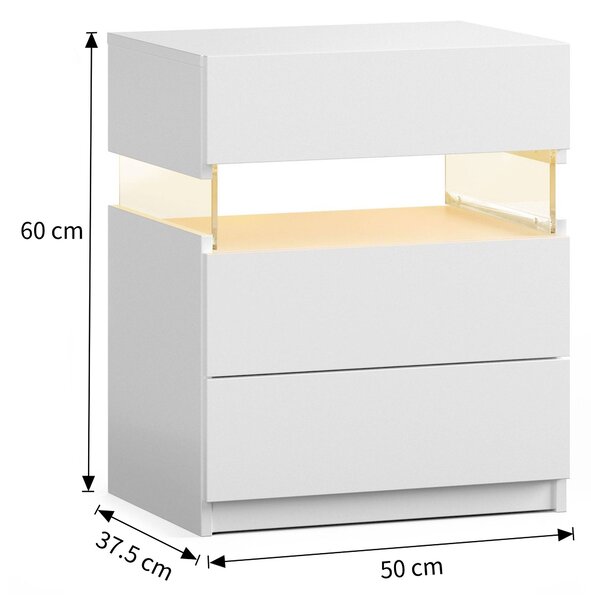 LED Bedside Table with Remote-Controlled RGB Lighting, 3 Drawers, Modern Nightstand with Acrylic Board, 50L x 37.5W x 60H cm, White Aosom.UK