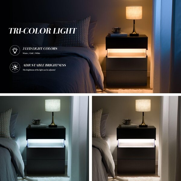 LED Bedside Table with Multi-Colour RGB Light, 3 Storage Drawers, Stylish Nightstand with Acrylic Board, 50L x 37.5W x 60H cm, Black Aosom.UK
