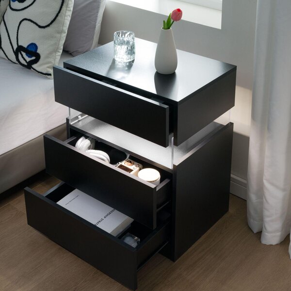 LED Bedside Table with Multi-Colour RGB Light, 3 Storage Drawers, Stylish Nightstand with Acrylic Board, 50L x 37.5W x 60H cm, Black Aosom.UK