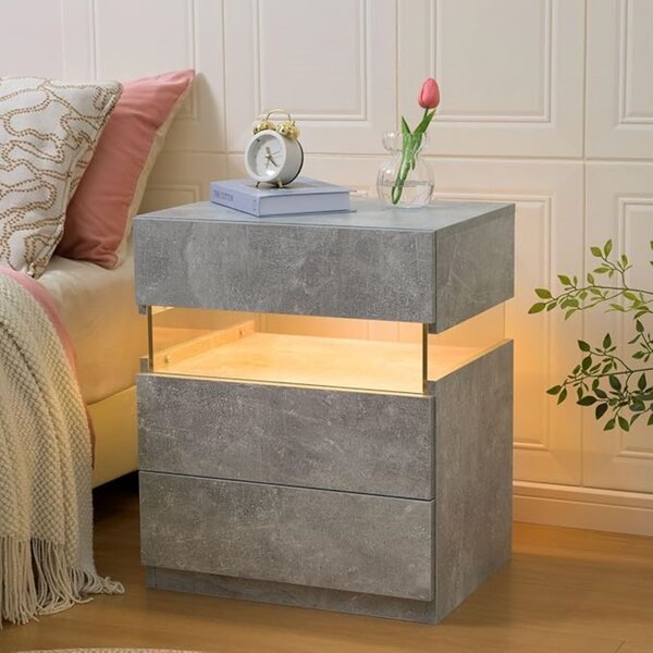 Modern Bedside Cabinet with Remote-Controlled RGB Light, 3 Slide Drawers, LED Nightstand with Acrylic Board, 50L x 37.5W x 60H cm, Gray Aosom.UK