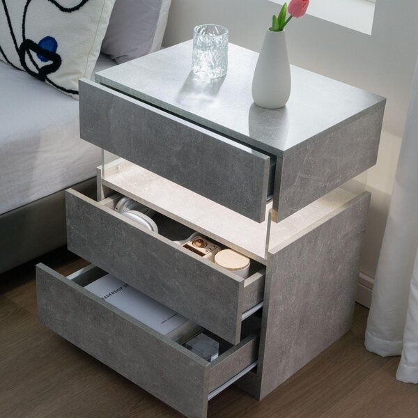 Modern Bedside Cabinet with Remote-Controlled RGB Light, 3 Slide Drawers, LED Nightstand with Acrylic Board, 50L x 37.5W x 60H cm, Gray Aosom.UK