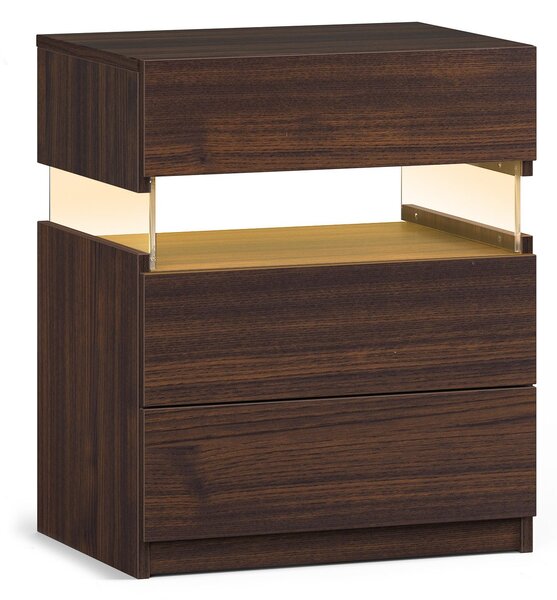 Modern Nightstand with Acrylic Board and 3 Slide Drawers, Bedside Table Cabinet with Multi-Colour LED Light, 50L x 37.5W x 60H cm, Walnut Aosom.UK