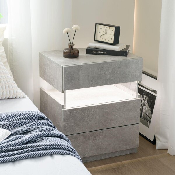 Modern Bedside Cabinet with Remote-Controlled RGB Light, 3 Slide Drawers, LED Nightstand with Acrylic Board, 50L x 37.5W x 60H cm, Gray Aosom.UK