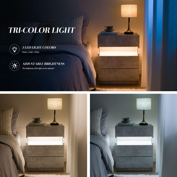 Modern Bedside Cabinet with Remote-Controlled RGB Light, 3 Slide Drawers, LED Nightstand with Acrylic Board, 50L x 37.5W x 60H cm, Gray Aosom.UK