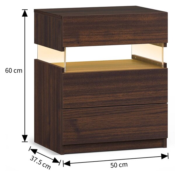 Modern Nightstand with Acrylic Board and 3 Slide Drawers, Bedside Table Cabinet with Multi-Colour LED Light, 50L x 37.5W x 60H cm, Walnut Aosom.UK