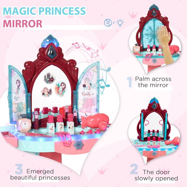 HOMCOM 31 Piece Children's Dressing Table Set with Enchanted Princess Mirror, Musical and Light-Up Beauty Kit, for Ages 3-6, Blue and Pink Aosom UK