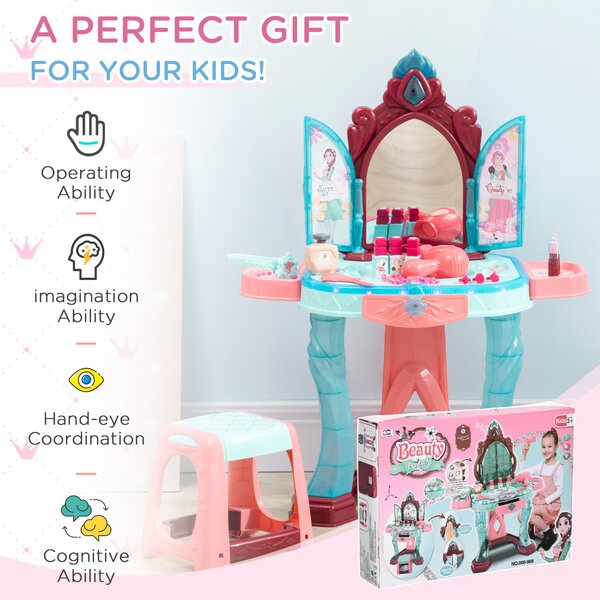 HOMCOM 31 Piece Children's Dressing Table Set with Enchanted Princess Mirror, Musical and Light-Up Beauty Kit, for Ages 3-6, Blue and Pink Aosom UK