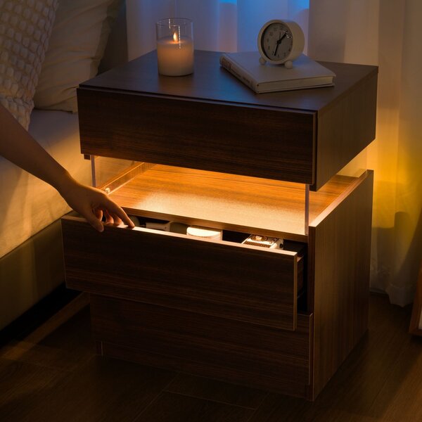 Modern Nightstand with Acrylic Board and 3 Slide Drawers, Bedside Table Cabinet with Multi-Colour LED Light, 50L x 37.5W x 60H cm, Walnut Aosom.UK